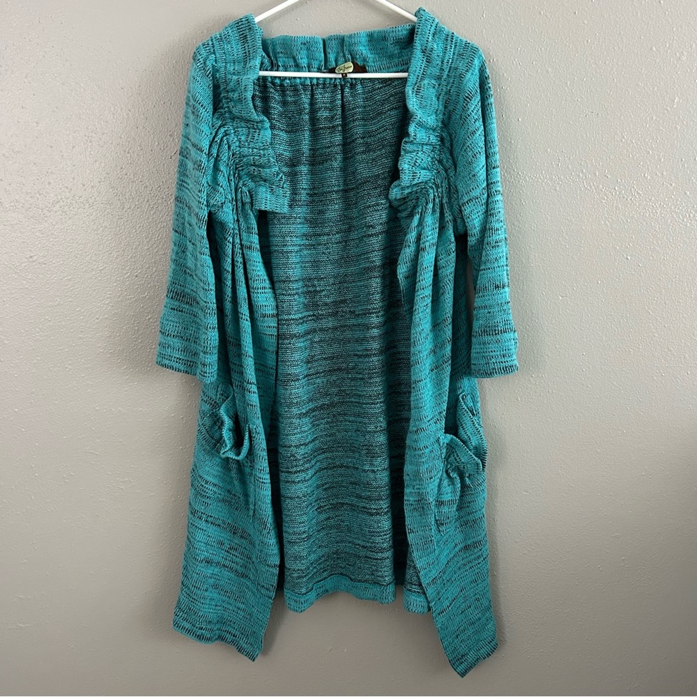 Eva Franco Anthropologie Turquoise Blue Ruffle Open Front Cardigan Sweater Sz 8